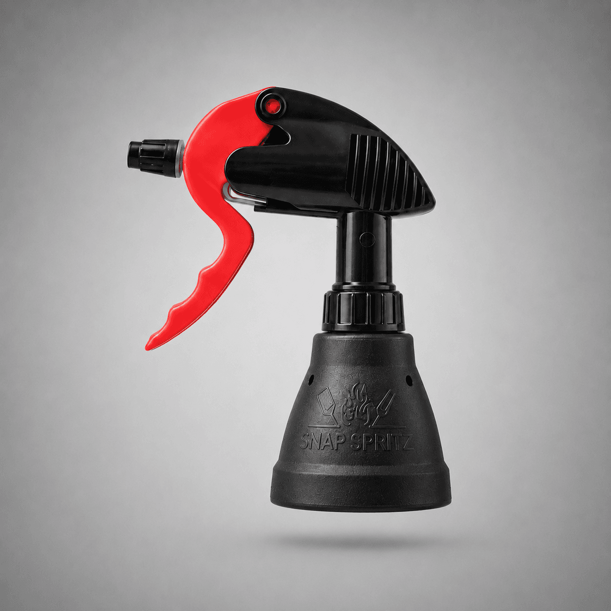 Snap Spritz assembled, black spray head with red trigger on the embossed universal can cone